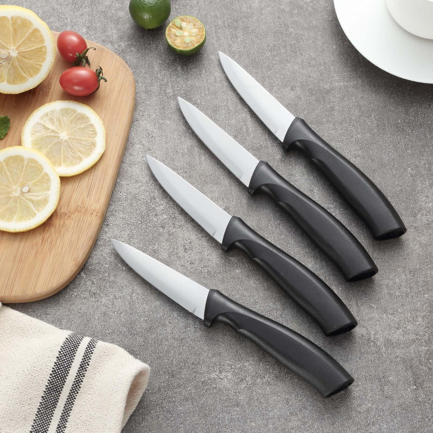 BEWOS 4-Piece Paring Knife Set, 3.5 Inch Paring Knives with Ergonomic Streak Handle, Cutting Knife & Peeling Knife for Vegetable and Fruit, Kitchen Knives, Stainless Steel/Black