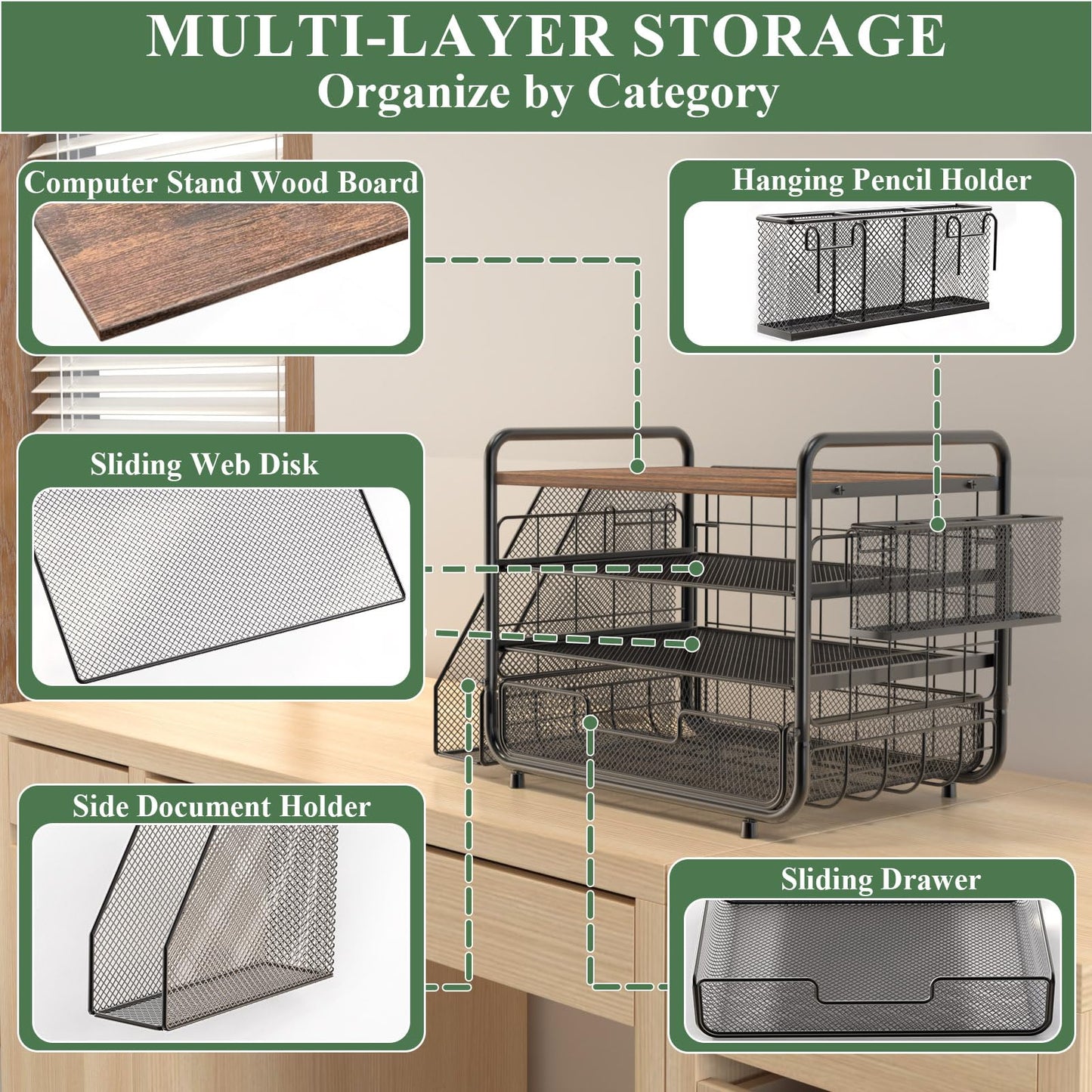 Large Wooden Desk Organizer with Drawer and Trays