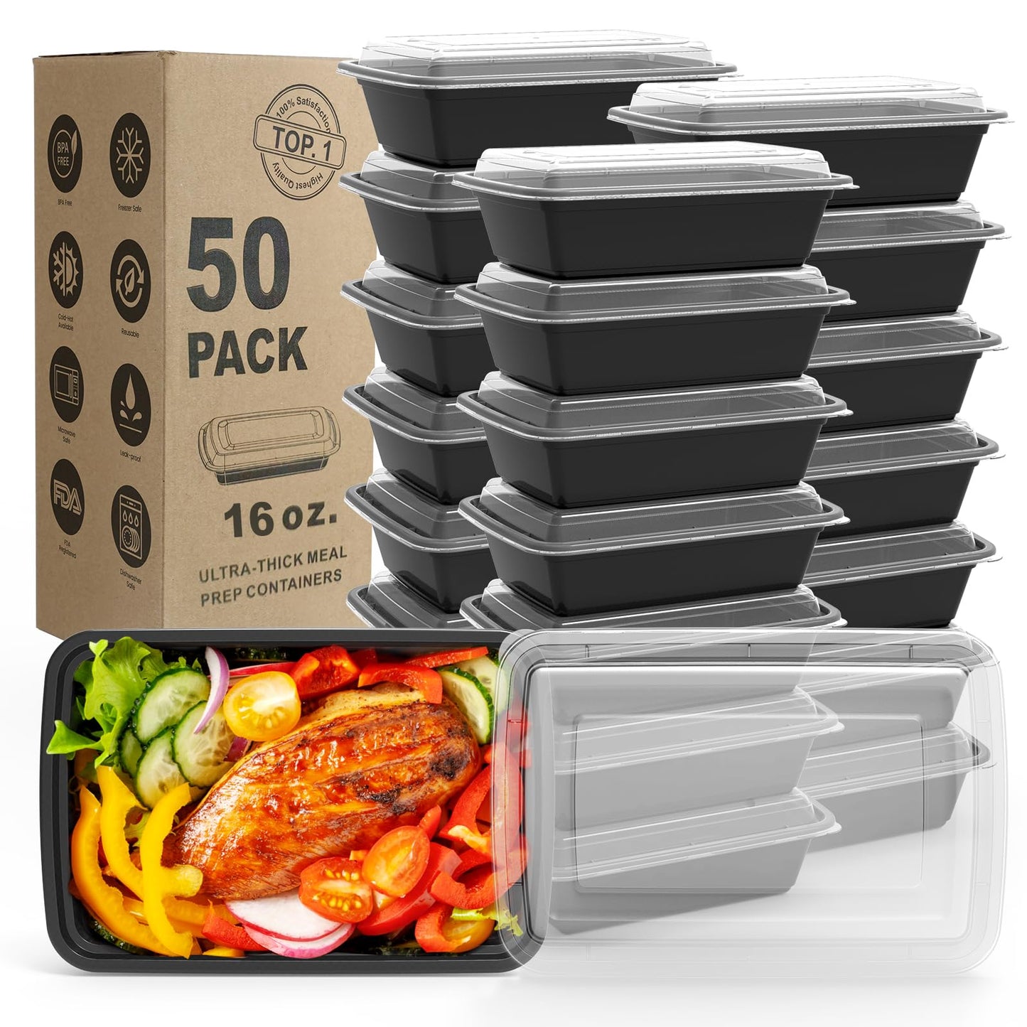 50 Pack Reusable Meal Prep Containers - 16 oz