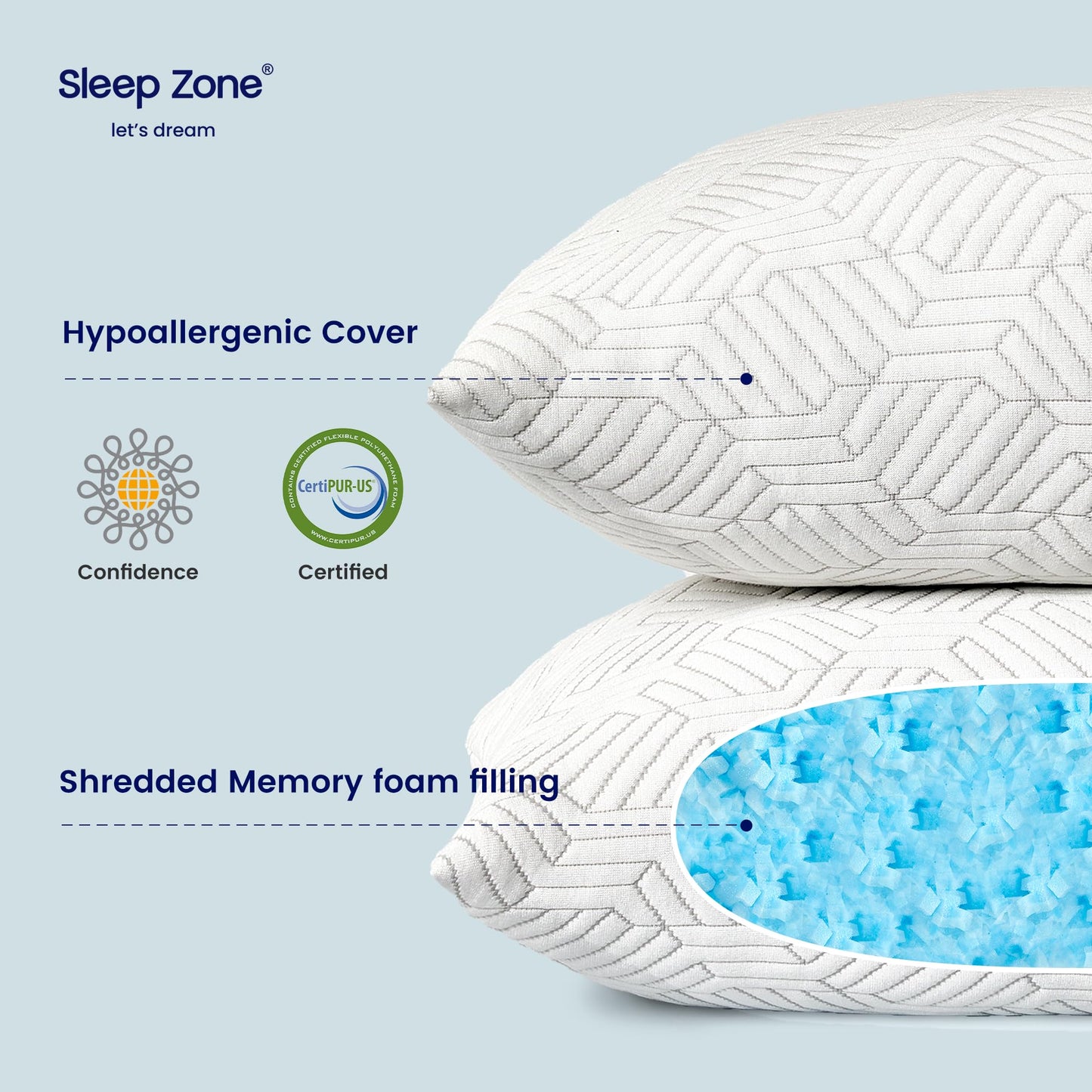 SLEEP ZONE Queen Size Shredded Memory Foam Bed Pillow for Sleeping, Removable Cooling Cover, Adjustable with 0.5Lb Extra Original Filling, (White, 20 x 30)