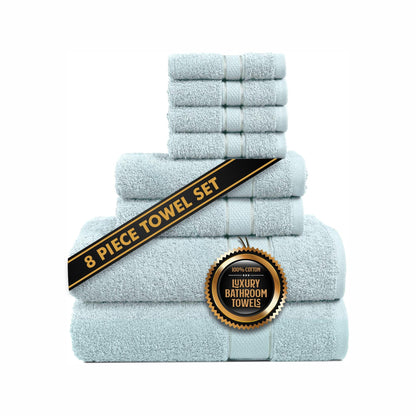 Terry Bliss 8-Piece Luxury Towel Set - 100% Ringspun Cotton, 550 GSM, Highly Absorbent, 2 Oversized Bath Towel, 2 Hand Towels, 4 Wash Cloths - Ideal for Everyday use, Hotel & Spa - Light Blue