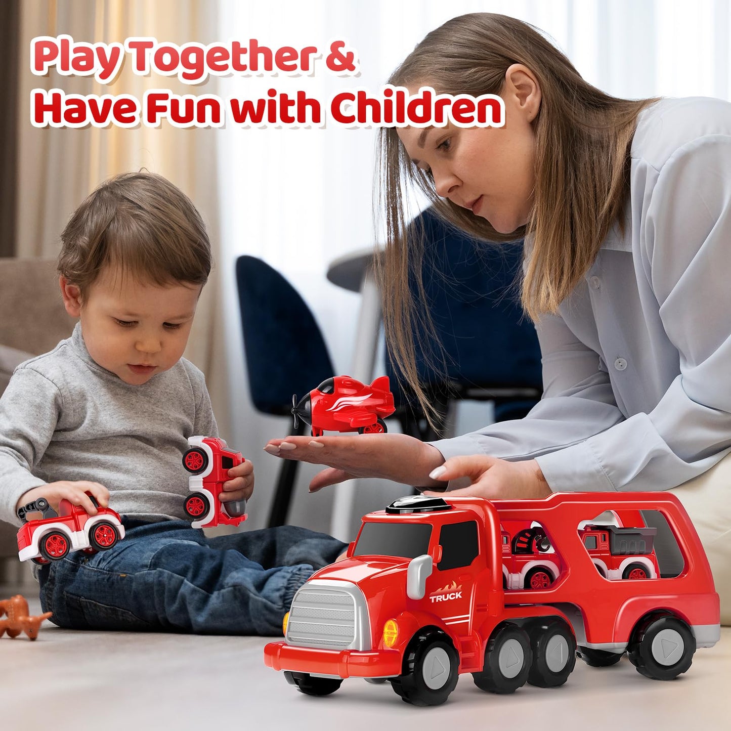 MindPal Fire Truck Toy Carrier with Pull-Back Cars