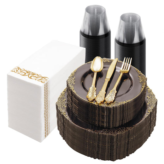 Bestluck 350PCS Clear Black Plastic Plates for 50 Guests, Disposable Plates with Gold Trim include 50 Dinner plates, 50 Dessert Plates, 150 Gold Silverware, 50 Cups, 50 Napkins for Wedding & Party