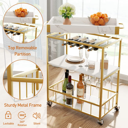 aboxoo Bar Cart White Marble 3 Tiers Removable Storage Tray with Wine Rack & Wine Glasses Holder,Rolling Beverage Mobile Bar Serving Cart with Handle Wood and Gold Steels Home Kitchen Shelf for Party