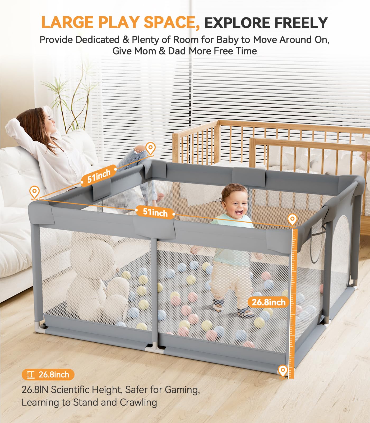 TOHIFER Baby Playpen: Large Baby Playard for Toddler, BPA-Free, Non-Toxic, Safe No Gaps Play Yard for Babies, Indoor & Outdoor Kids Activity Center Baby Fence 51"x51"x26.8"
