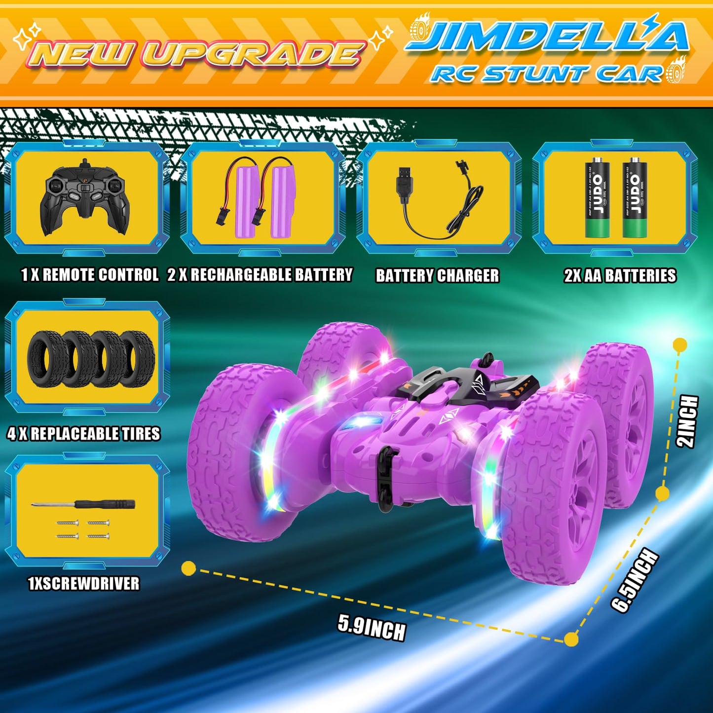 Jimdella Remote Control Car,RC Cars with sides light strip and Headlights,Double Sided 360 Flips Rotating RC Stunt Car,2.4Ghz All Terrain Toys for Ages 4-6 Kid Toy for Boys Girls Birthday Gift(Purple)