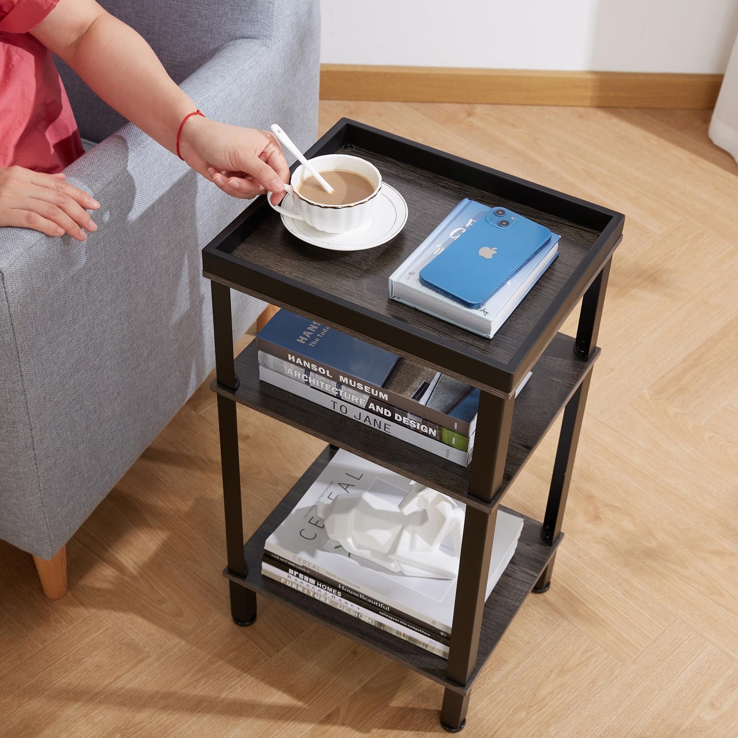 ZEXVIDA Side Table for Small Spaces,3 Tier End Table Under Desk Storage with Storage Shelf, Small Bedside Table,Nightstand for Living Room, Bedroom, Office,Grey