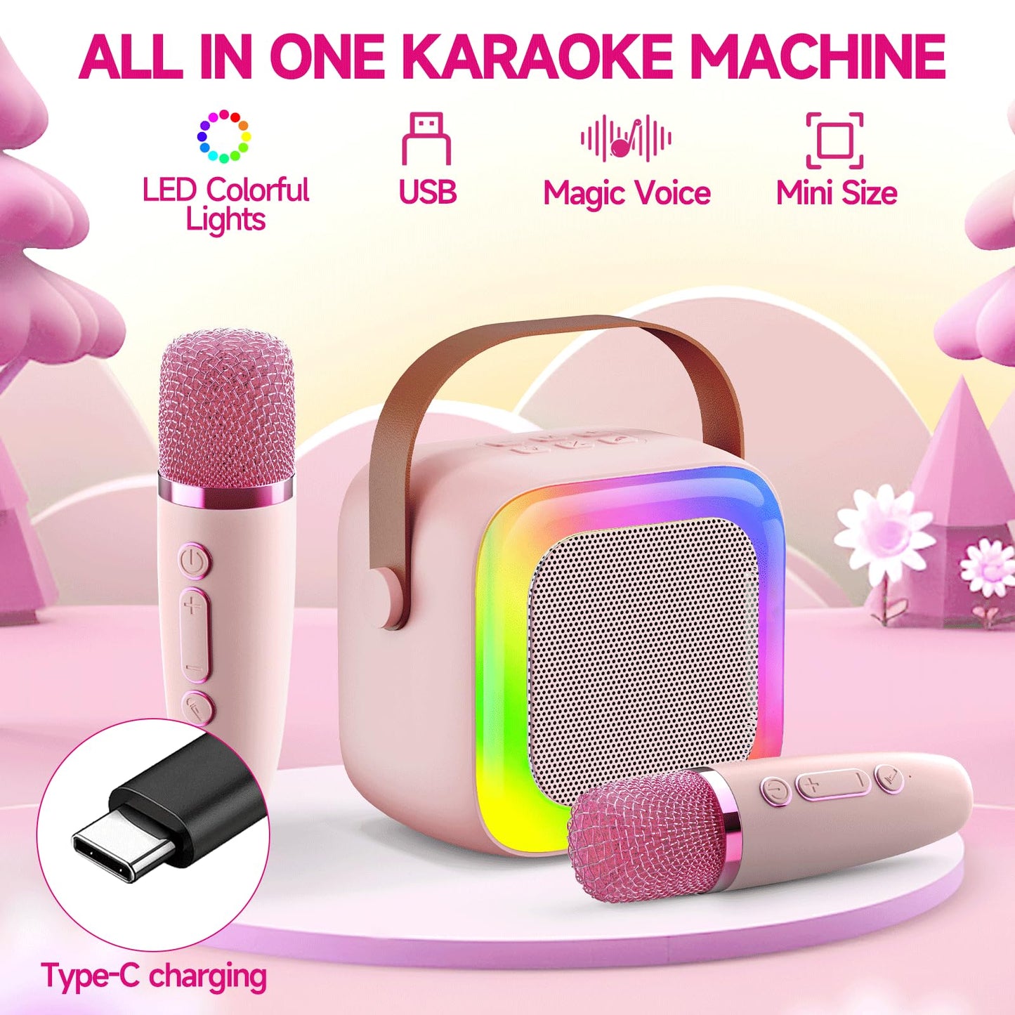 Mini Karaoke Machine with 2 Wireless Microphones