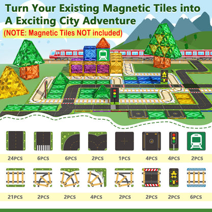 90PCS Magnetic Tile Road Toppers Playset for Kids