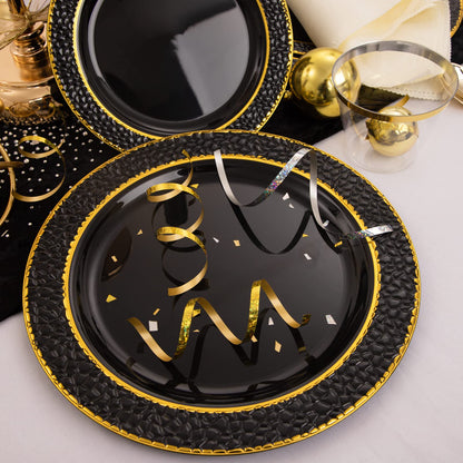 FLOWERCAT 175PCS Black Plastic Plates with Gold Rim & Black and Gold Plastic Plates & Gold Plastic Silverware & Black Disposable Plates for Wedding,Halloween Party, New Year
