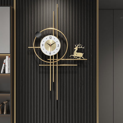PSYCHE GOD Modern Gold Wall Clock 24.8 Inch Decorative Metal Wall Clocks for Living Room Decor,3D Elk Non-Ticking Clock Battery Operated for Bedroom