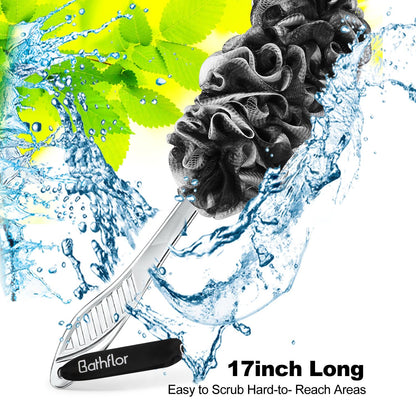 Bathflor Loofah Sponge, 6-in-1 Loofahs for Men Women, 80g Large Shower Loofah Exfoliating Body Scrubber, 4 Bath Sponge Loofa Packs, 1 Loofah with Handle Body Wash Back Scrubber, 1 Luffa Hook, Black