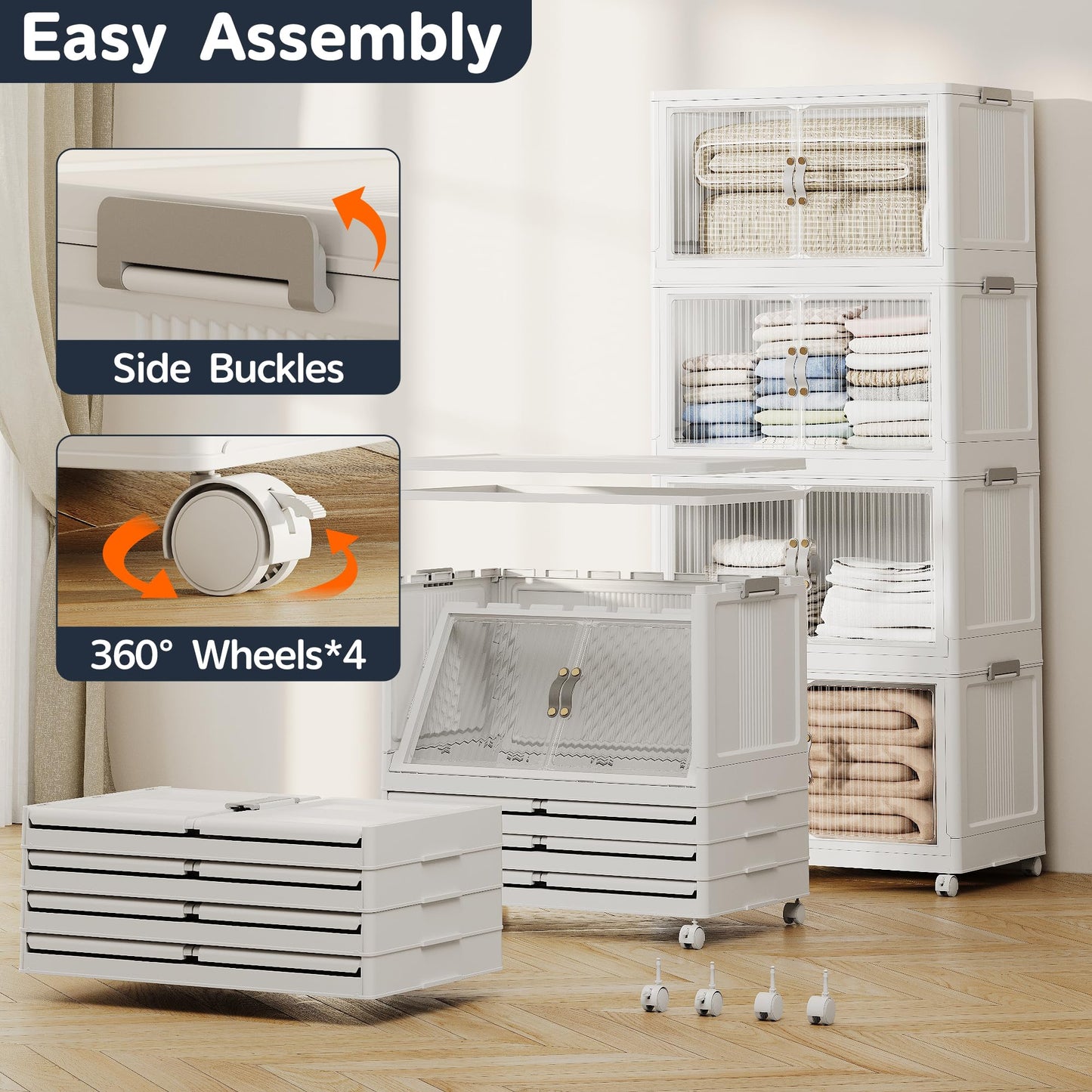 JONZEN 192Qt Plastic Storage Bins with Lid, 48GAL Closet Organizer and Stackable Storage Drawer, Collapsible Clear Box with Wheels, Clothes Cabinet Containers for Home Garage, 4Pack White