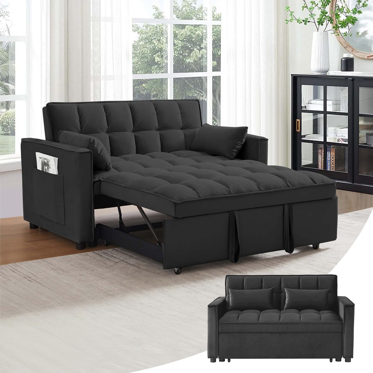 SumKea 55'' 3-in-1 Sleeper Loveseat, 2-Seater Pull Out Couch, Velvet Futon Sofa Adjustable Backrest, Reclining Sofa Bed with Pillows, Pockets, Perfect for Small Spaces, Living Room Furniture, Black