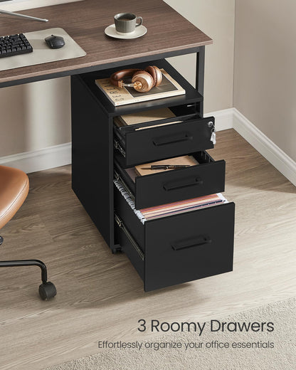 SONGMICS File Cabinet, Pre-Assembled Except Wheels and Handles, Office Filing Cabinet with Lock, for A4, Legal, Letter Sized Documents, 17.7 x 14.4 x 23.6 Inches, Matte Black UOFC110B02