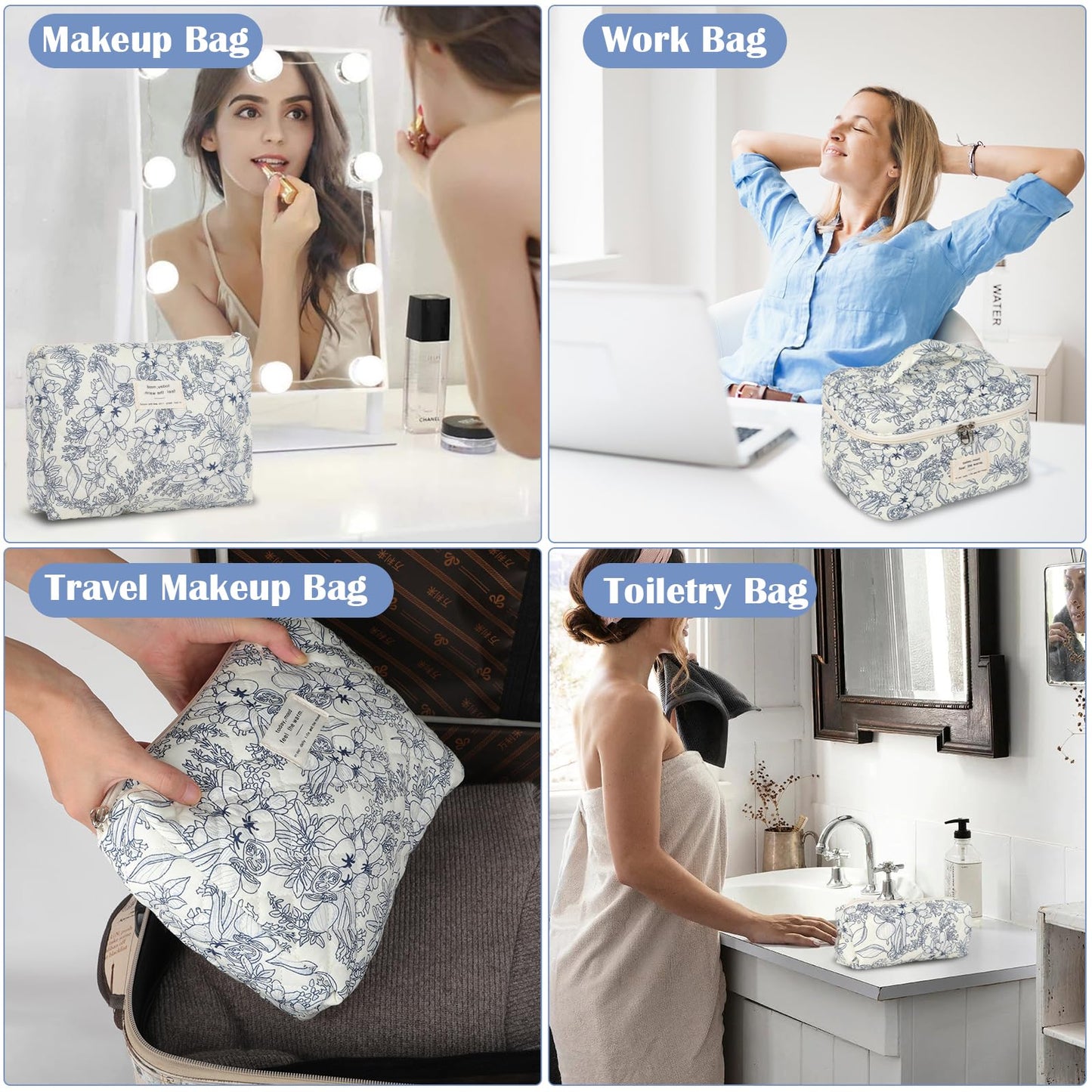 Quilted Floral Makeup Bag Set of 3