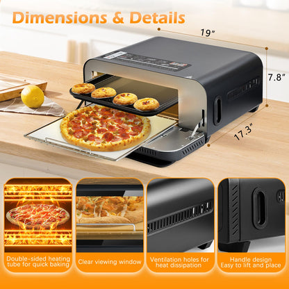 Upgrade Electric Pizza Oven with 800°F Make Pizza in Minutes, 12” Portable Countertop Versatile Pizza Oven for Indoor & Outdoor, Classic Black Stove is Suitable for Home and Commercial