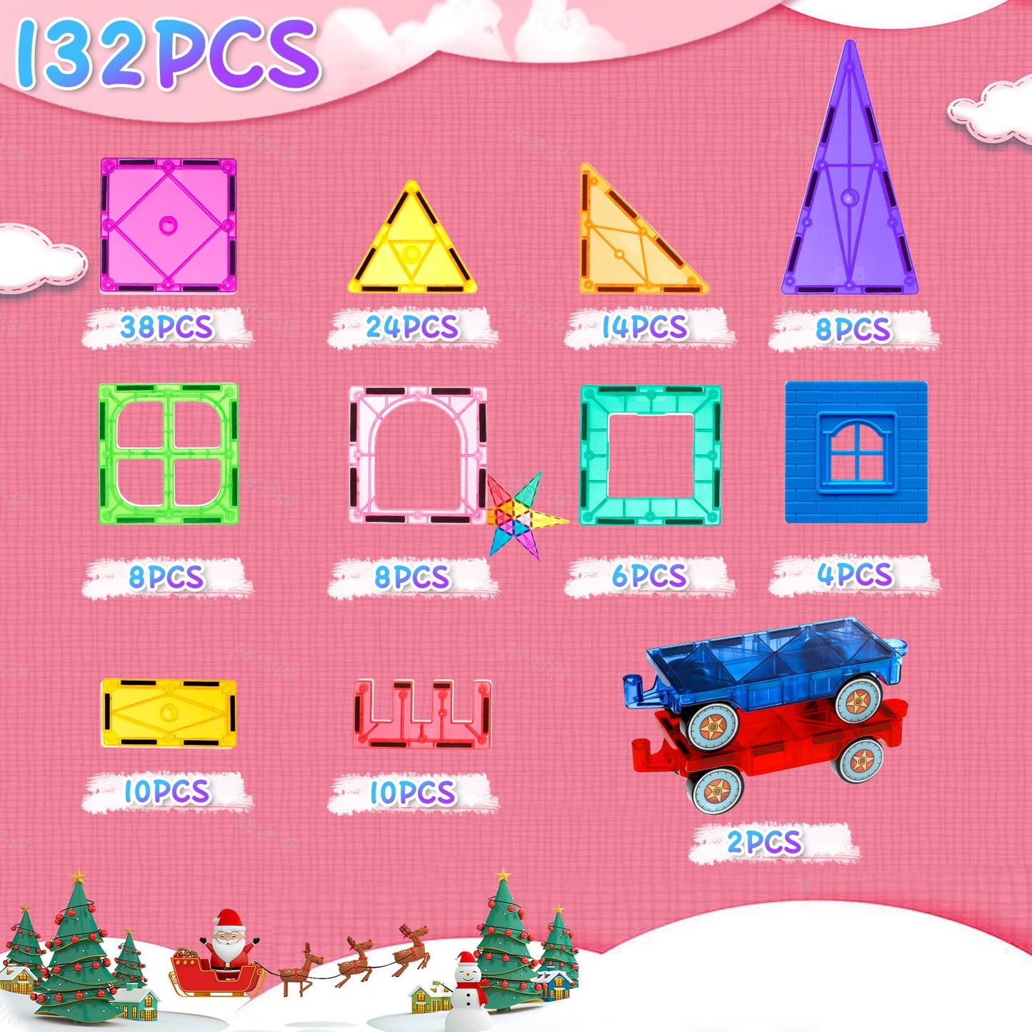Lotmey 132PCS Magnetic Tiles with 2 Cars Deluxe Set, 3D Magnetic Building Blocks, Preschool Magnetic STEM Toys Sensory Educational Toys for Toddlers Kids 3 4 5 6 7 8-12, Gift for Boys Girls