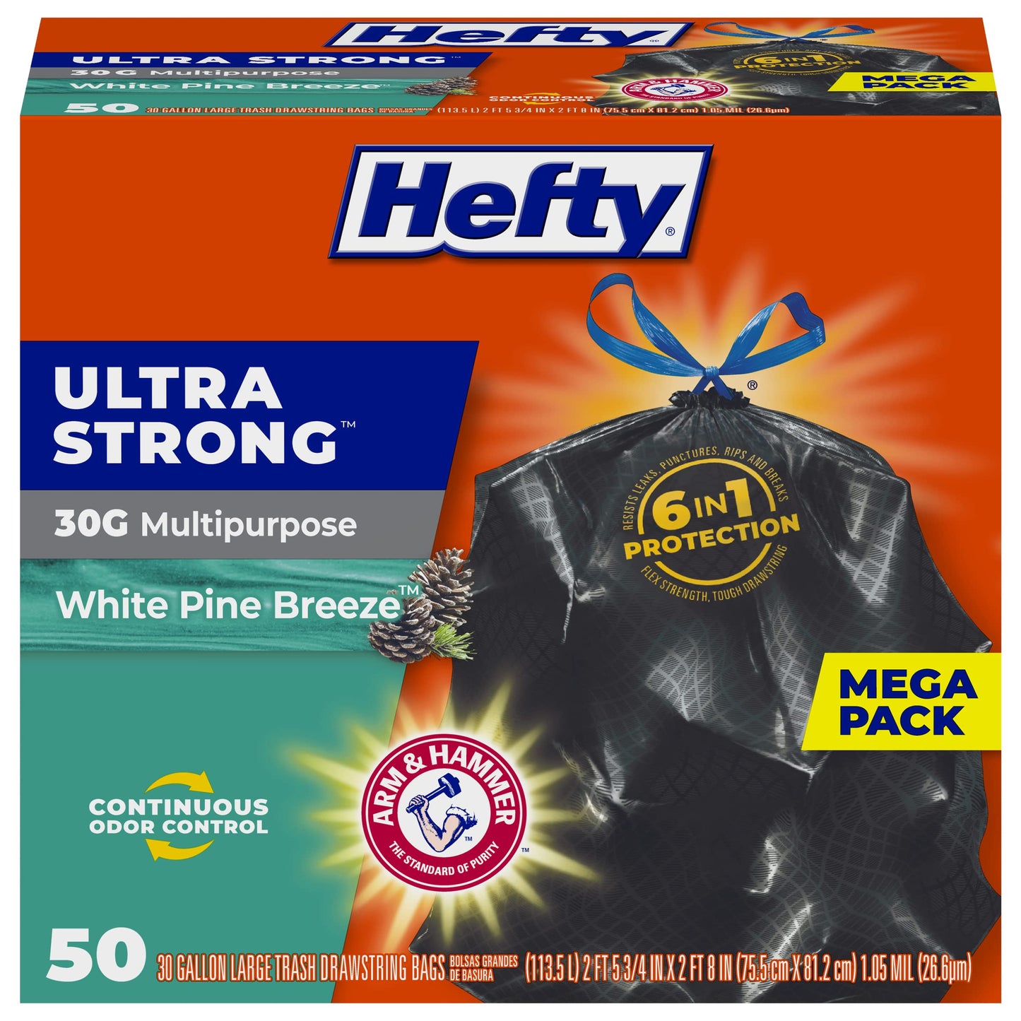 Hefty Ultra Strong 30 Gallon Trash Bags, Large Trash Bags 30 Gallon Size, Multipurpose, Break Resistant Drawstring Closure, Resists Leaks, Punctures, and Tears, Black, White Pine Breeze Scent, 50 Bags