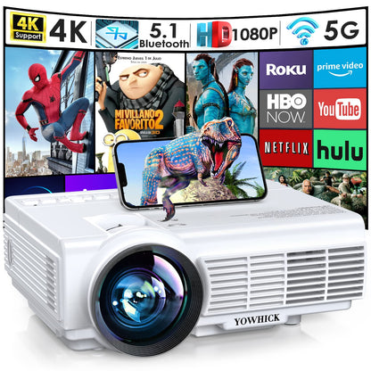 Projector with WiFi and Bluetooth, 5G WiFi Native 1080P YOWHICK Outdoor Projector 4K Support, Mini Portable Movie Projector with Screen, for HDMI, VGA, USB, Laptop, iOS & Android Phone