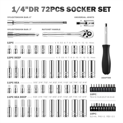 DNA MOTORING 72-Piece Socket Set with Ratchets