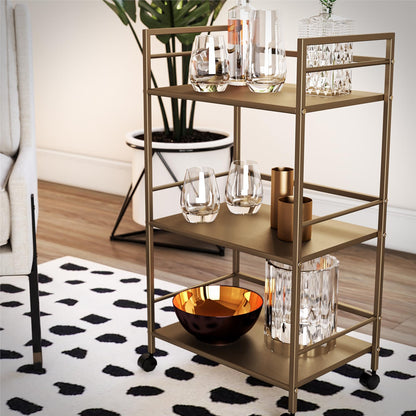 Novogratz Helix Small Bar Cart for the Home, 3 Tier Rolling Cart With Wheels, Kitchen Cart with Storage for Beverages and Wine, Gold