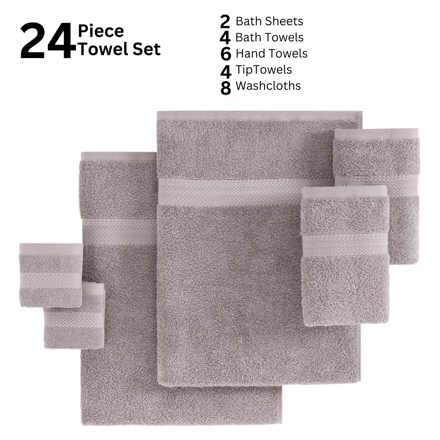 LANE LINEN 24 Piece Luxury Towels Set - 100% Cotton Towels for Bathroom, 4 Oversized Bath Towels, 2 Bath Sheets Extra Large, 6 Hand Towels, 8 Wash Cloths for Your Face, 4 Fingertip Towels - Platinum