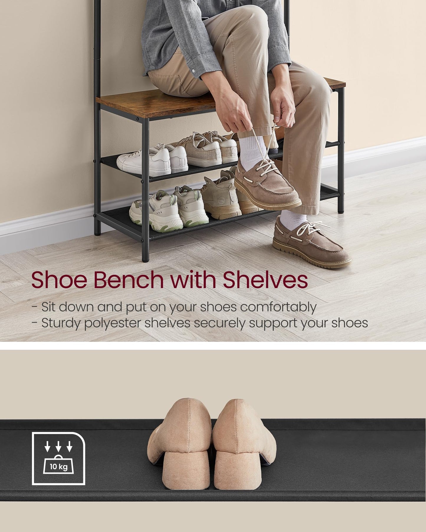 VASAGLE Entryway Bench with Shoe Storage and Hooks