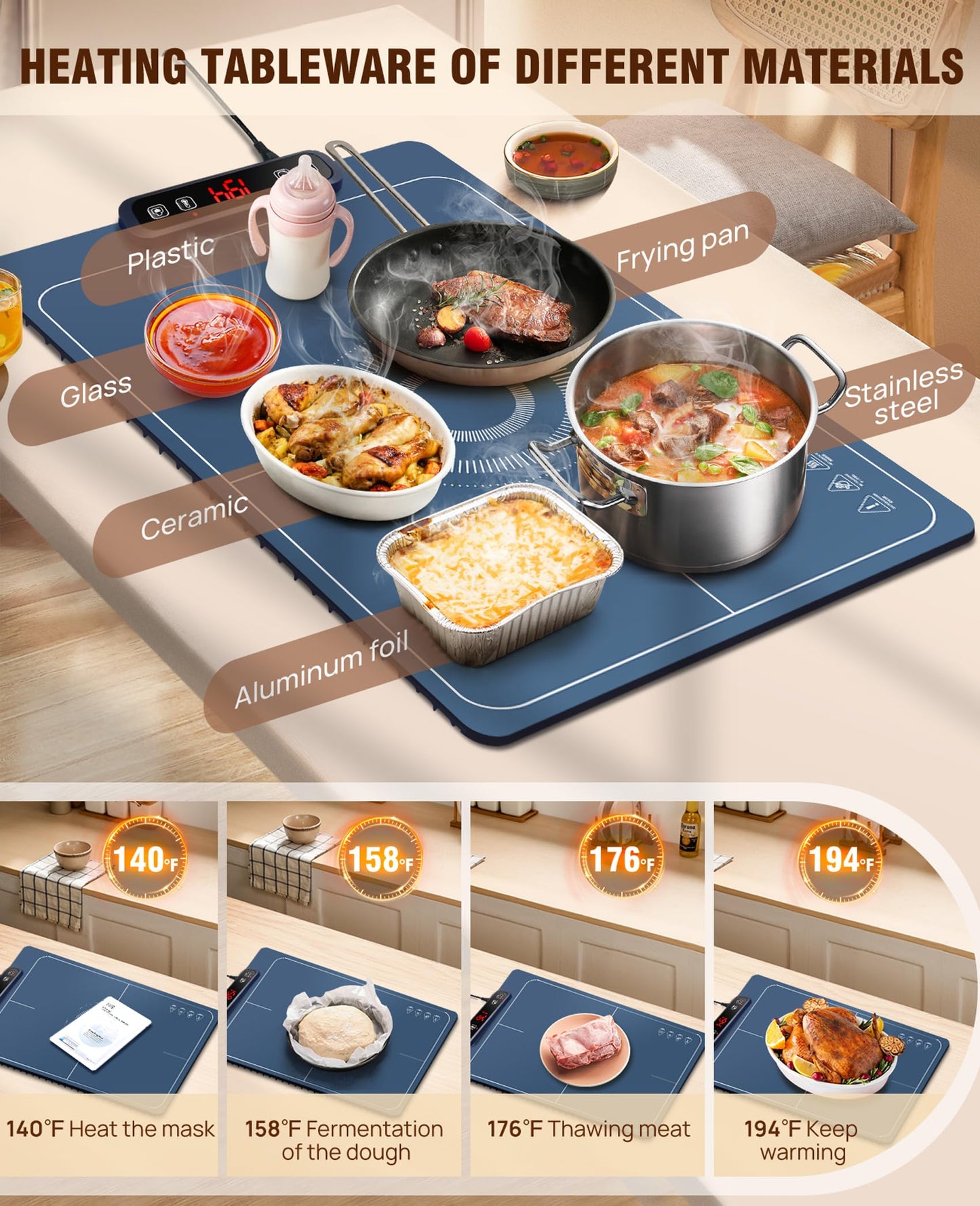 Electric Food Warming Mat with 5 Temperature Settings