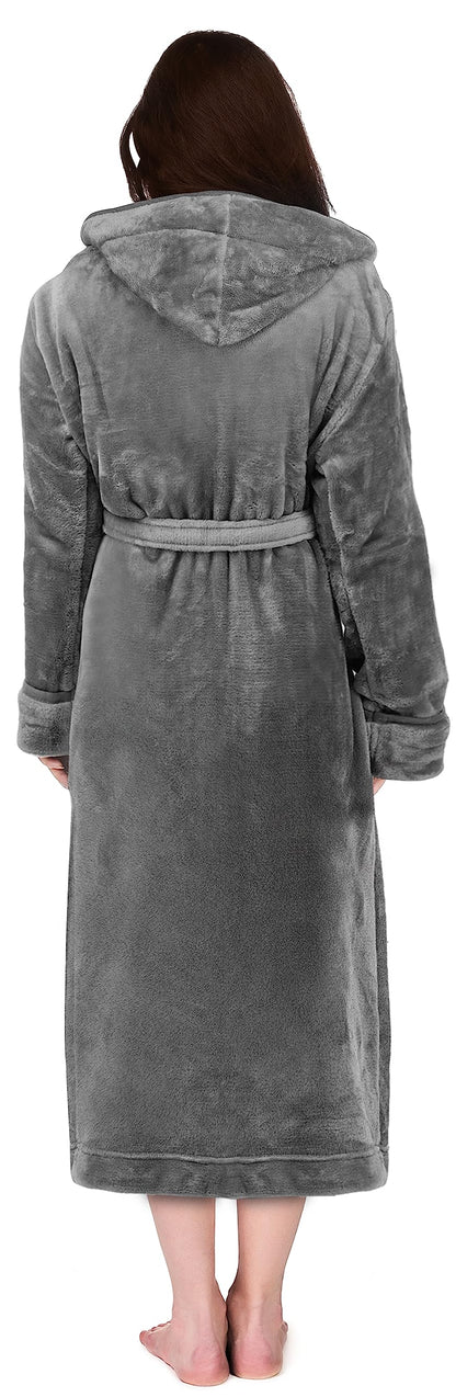 NY Threads Women's Fleece Hooded Bathrobe Plush Long Spa Robe, Medium, Steel Grey