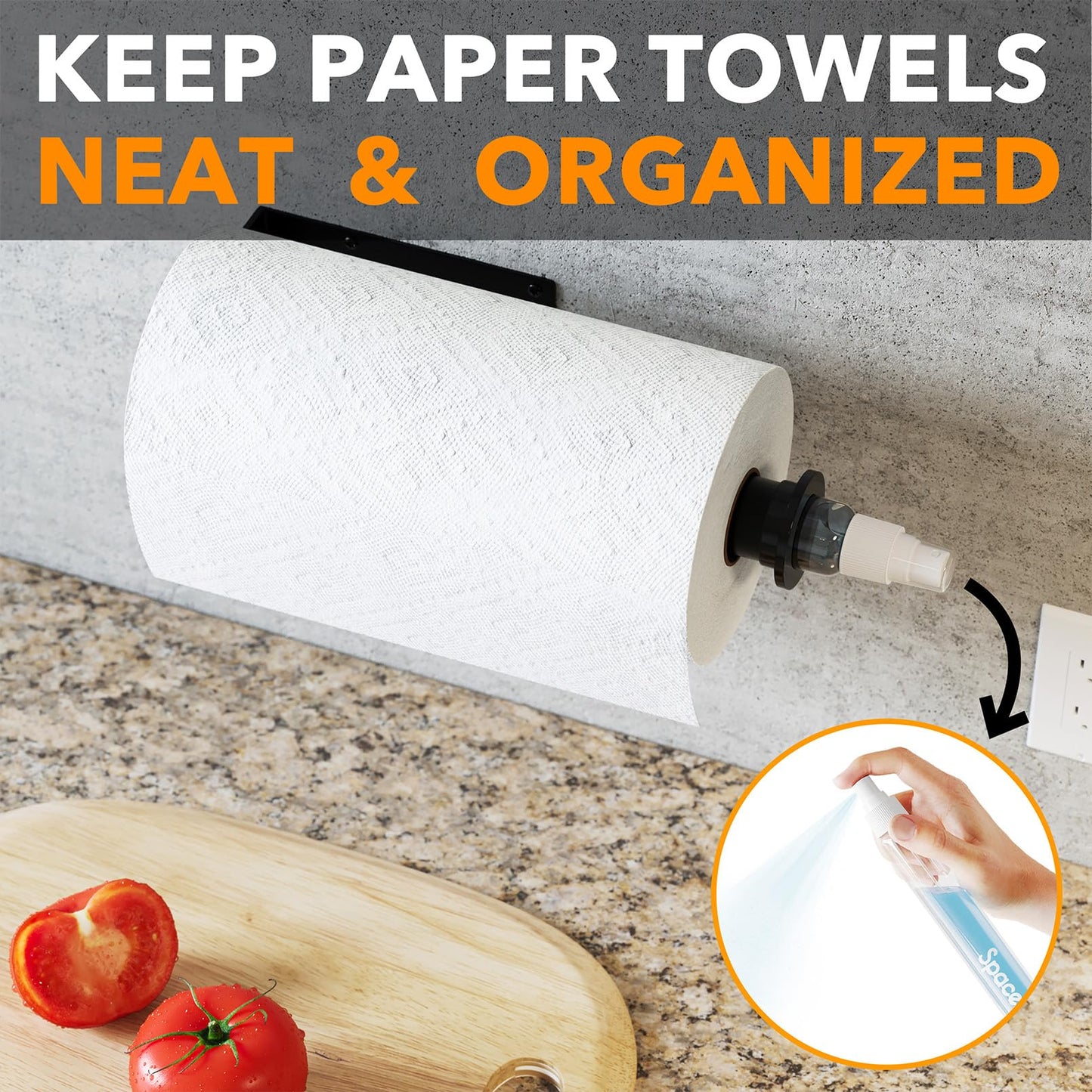 UPDATE: DEAD! SpaceAid SprayNeat Paper Towel Holder with Spray Bottle, Under Cabinet Paper Towels Holders with Sprayer Inside Center, Hanging Wall Mount Papertowels Roller for Kitchen and Bathroom (Black)