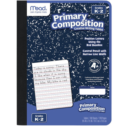 Mead Primary Composition Notebook, Wide Ruled Paper, Grades K-2 Writing Workbook, 9-3/4" x 7-1/2", 100 Sheets, Blue Marble (09902)