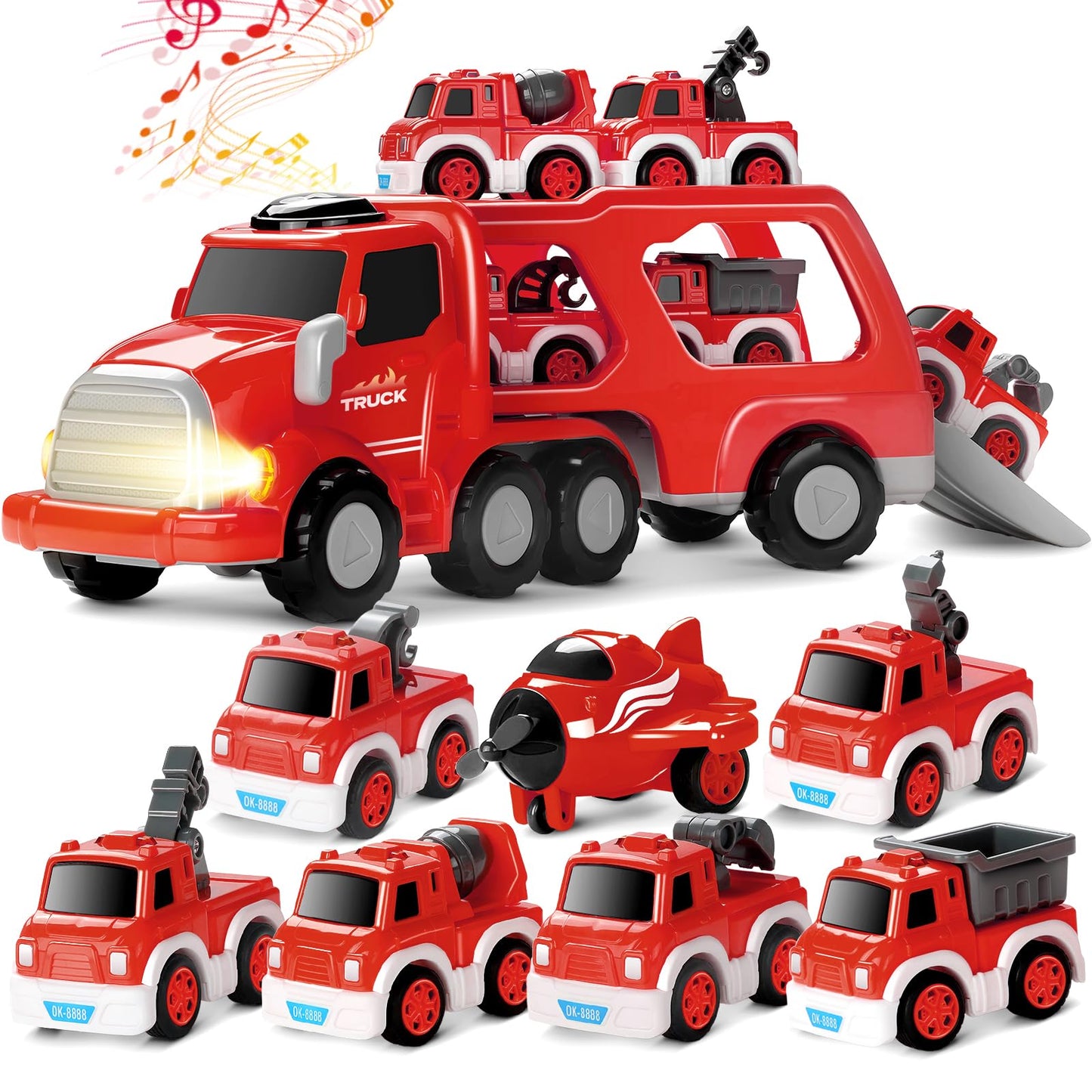 MindPal Fire Truck Toy Carrier with Pull-Back Cars