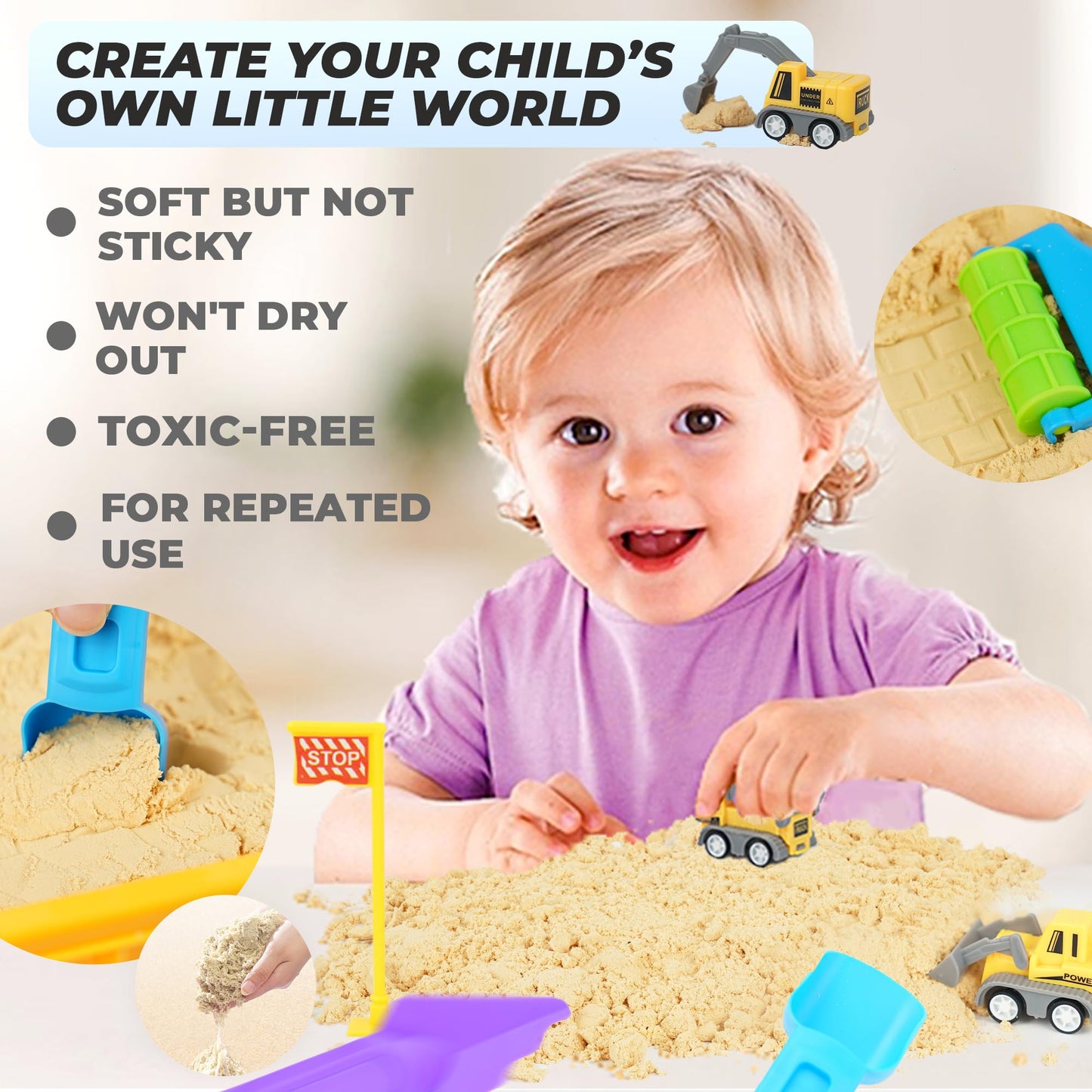 SMILESSKIDDO Construction Sand Play Set - Sensory Bin with 3.3lbs Magic Sand, 3 Construction Vehicles, 4 Worker Figures and 12 Road Signs, Sand Box Toys for Kids