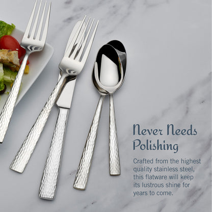 Mikasa Oliver Gleam Silverware, 18/10 Stainless Steel Cutlery 12, Inlcludes 5 Serving Untensils, 65 Piece Set, Silver