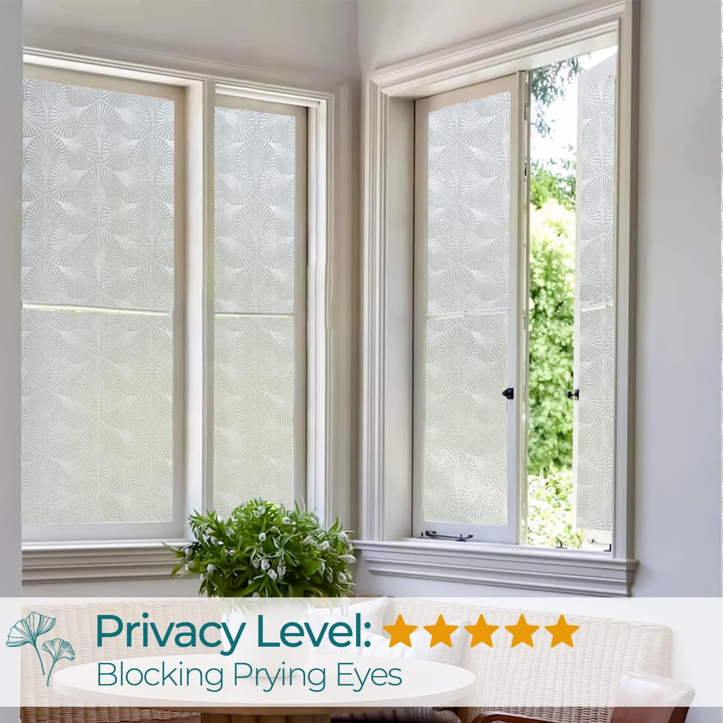 Windimiley Privacy Window Film Frosted Glass Window Cling Bathroom Peel and Stick Sun Blocking Decorative Ginkgo Opaque Door Window Tint for Home，17.4x78.7in