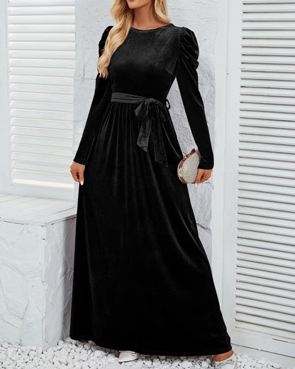 ZESICA Women's Velvet Maxi Dress with Puff Sleeves