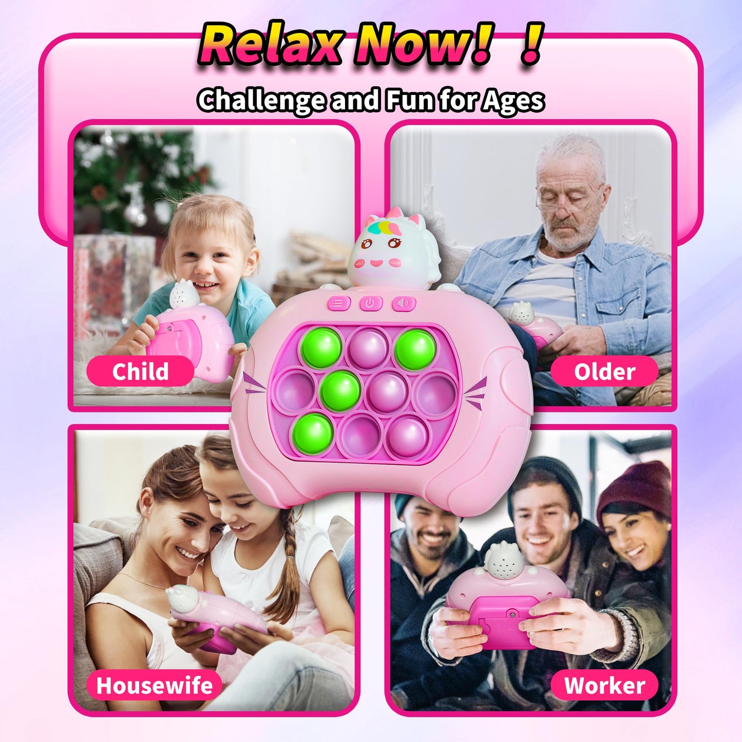 Fast Push Bubble Game,Rainbow Pop Fidget Toys for Kids, Handheld Light Up Popping Game with 4 Game Modes Funny Toys, Gift Idea for 6-12 8-12 Kids Puzzle Game Sensory Toys (Pink Uni-Corn)