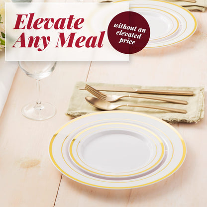 Prestee 50-pc Plastic Gold Plates, 25 Plastic Dinner Plates & 25 Salad Small Plastic Plates, White/Gold Rimmed Plastic Plates for Dessert Appetizer Parties Holiday Wedding Thanksgiving Plastic Plates