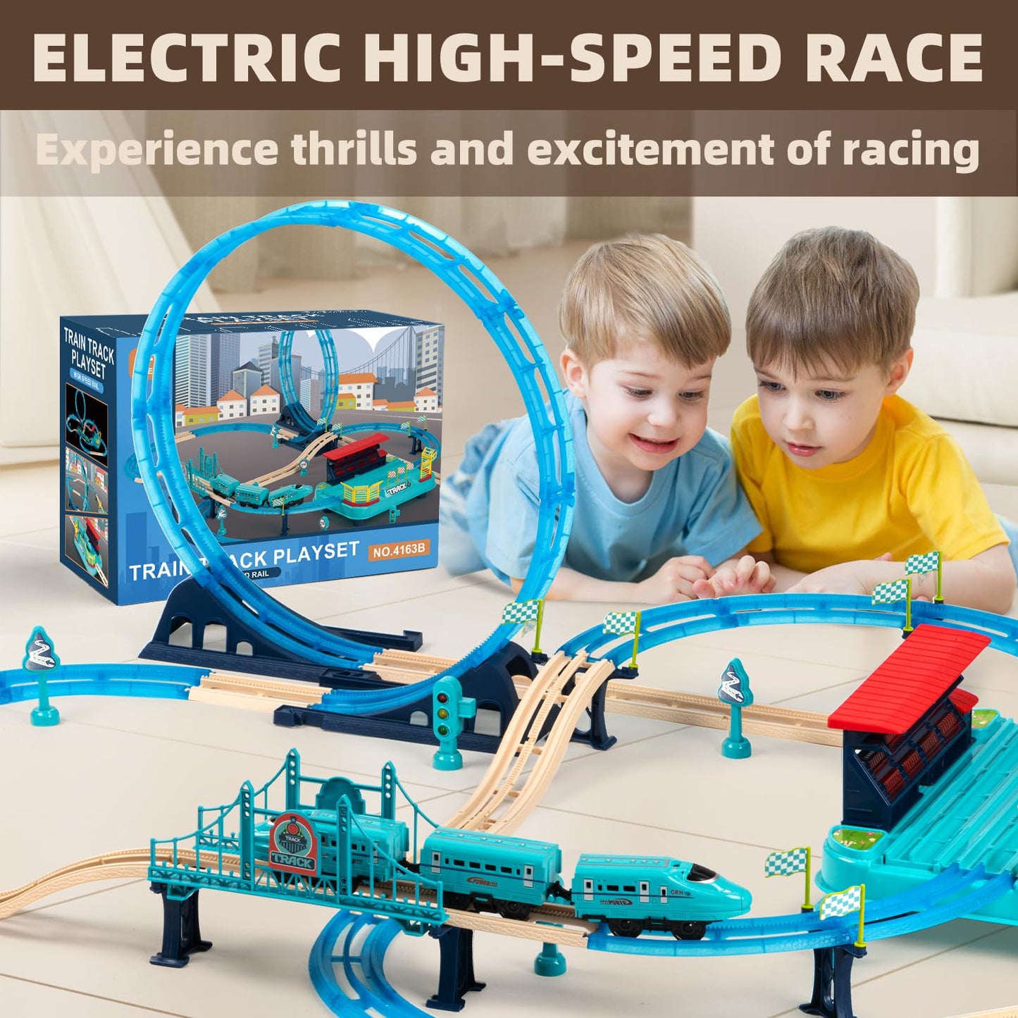 Toy Train Race Track Set 85pcs - Battery-Powered Electric Toddlers Travel Train Railroad Toy, Glow in The Dark High Speed Railway Racer Car Track Playset, DIY Birthday Gifts for Kids Boys Girls