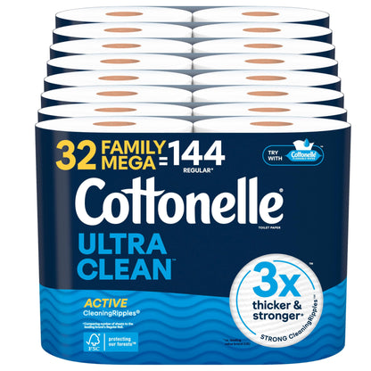 Cottonelle Ultra Clean Toilet Paper, 32 Mega Rolls