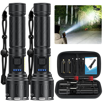 Flashlights 100,000 High Lumens Rechargeable - Super Bright LED Magnetic Flashlight with Sidelight 8 Modes Waterproof Powerful Handheld Flash Light for Emergency (2 Pack with Leather Box, Black)