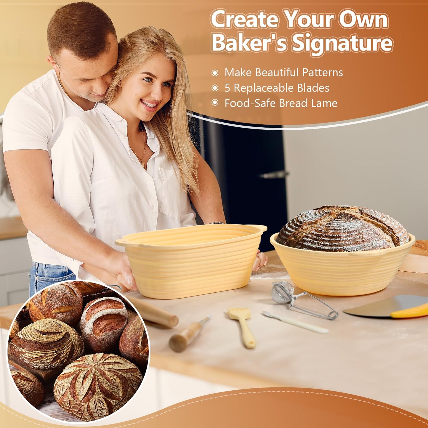 Gardon Sourdough Starter Kit Bread Baking Supplies, 2 Silicone Bread Proofing Baskets with Scrapper and 19 Other Bread Making Tool, Gift for Mother, Wife, and Any Baker - Brown (10" Oval + 9" Round)