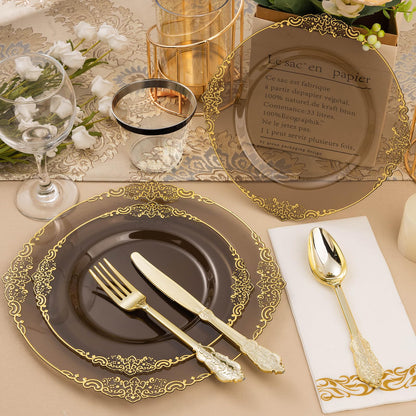 Bestluck 350PCS Clear Black Plastic Plates for 50 Guests, Disposable Plates with Gold Trim include 50 Dinner plates, 50 Dessert Plates, 150 Gold Silverware, 50 Cups, 50 Napkins for Wedding & Party