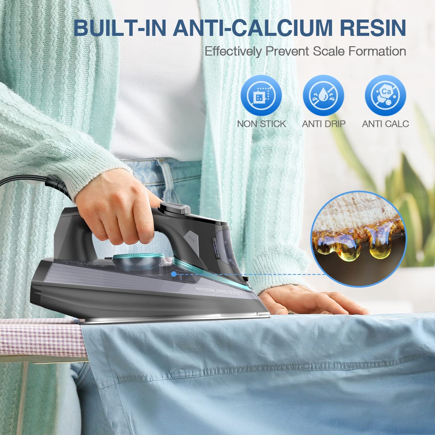 1700 Watt Steam Iron with Digital LED Screen, Ceramic Coated Soleplate, Anti-Drip, Self-Clean, 3-way Auto-Off Steam Iron for Variable Fabric, Medium Size