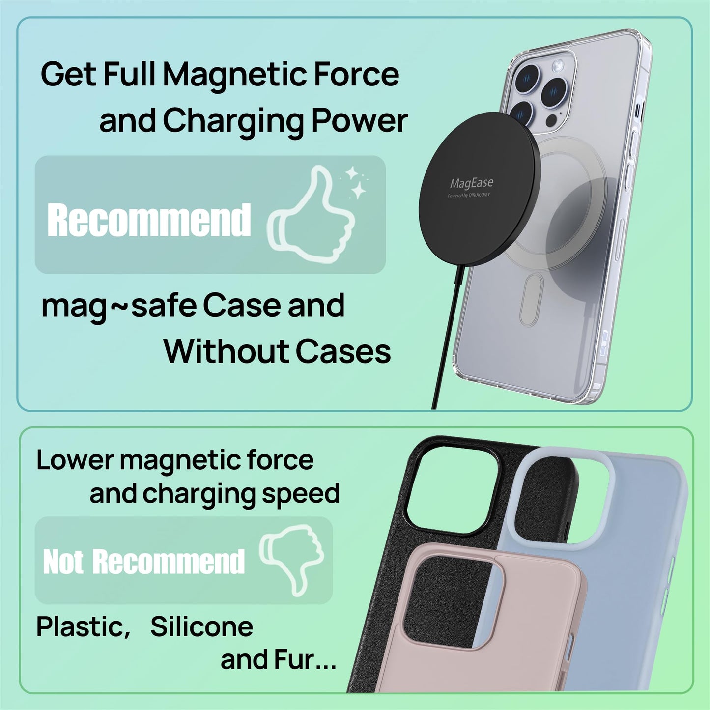 Magnetic Wireless Charger,MagEase 15W Wireless Charger Magnetic Compatible with iPhone 15/14/13/12 Series and AirPods 3/2/Pro, Charging Pad with USB-C Cable and USB-A Converter (Black)