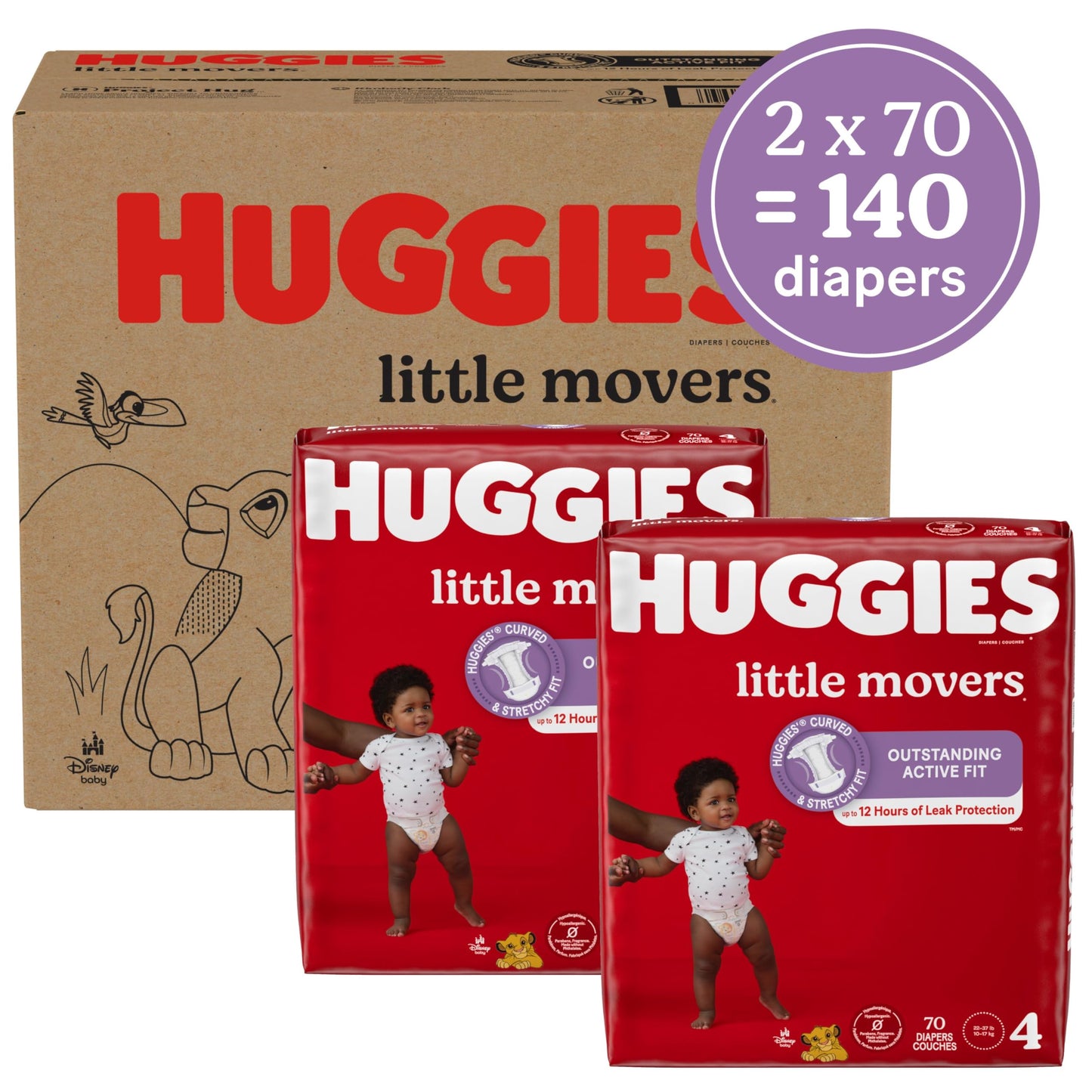 Huggies Size 4 Diapers, Little Movers Baby Diapers, Size 4 (22-37 lbs), 140 Ct (2 Packs of 70)