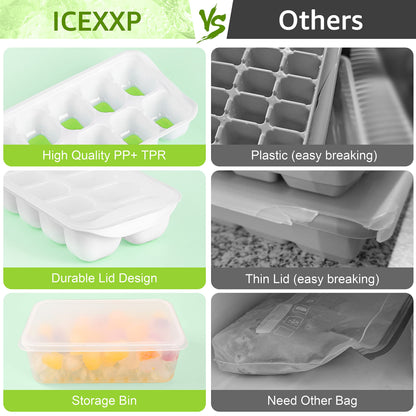 ICEXXP 4 Pack Ice Cube Tray with Lid and Bin, Ice Cube Trays for Freezer with Ice Box, Silicone Ice Trays with Ice Container for Cocktails, Stackable Ice Cube Maker with Ice Bin, Ice Tong & Scoop