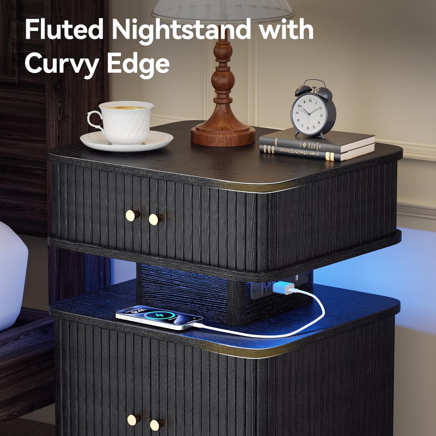 LED Nightstand with Charging Station and Drawers