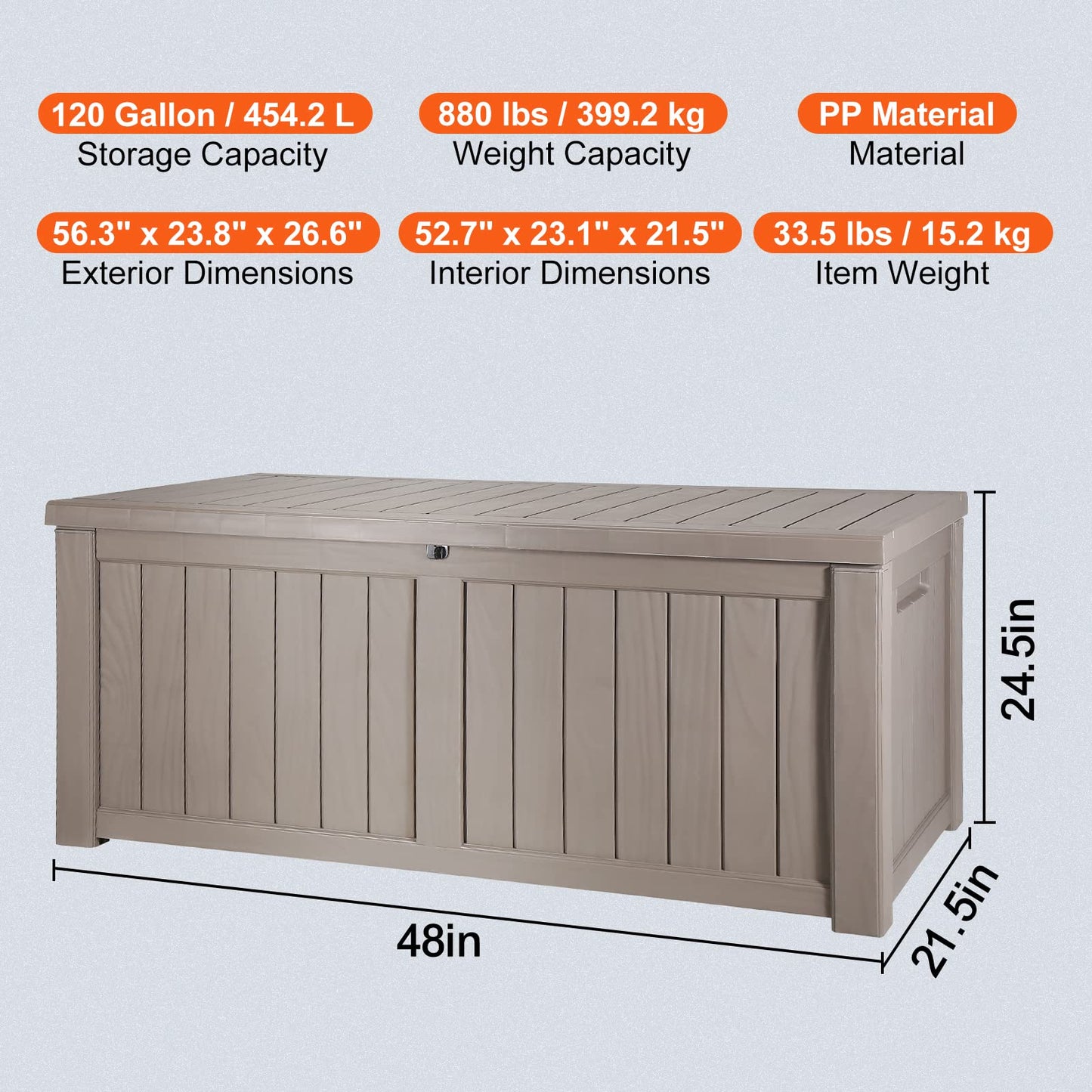 VEVOR Deck Box, 120 Gallon Outdoor Storage Box, 56.3" x 26.6" x 23.8", Waterproof PP Deckbox with Aluminum Alloy Padlock, for Patio Furniture, Pool Toys, Garden Tools, Outdoor Cushions, Gray
